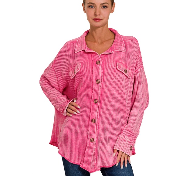 🌟 “The Mary Ann" Fuchsia Acid wash Oversized Cotton Waffle Knit Shacket - Picture 1 of 2